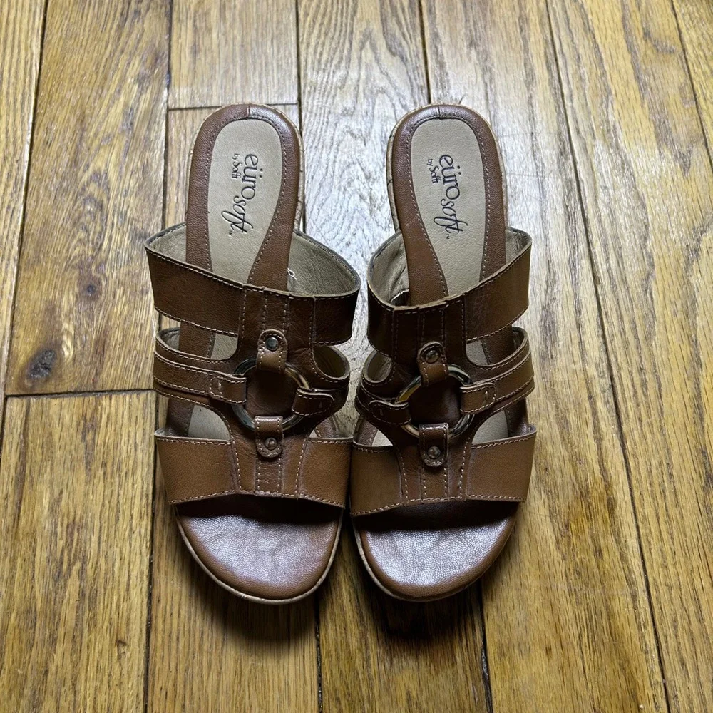 EuroSoft by Sofft Cassie Brown Leather Cork Wedge Sandals Womens 7M